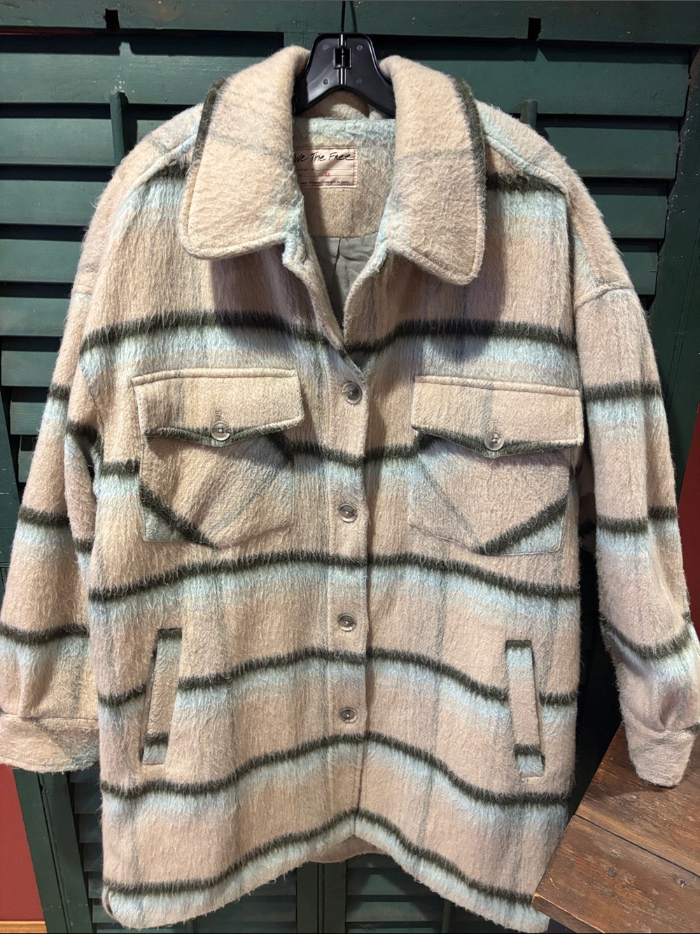 We The Free Beige & Mint Striped Teddy Shacket